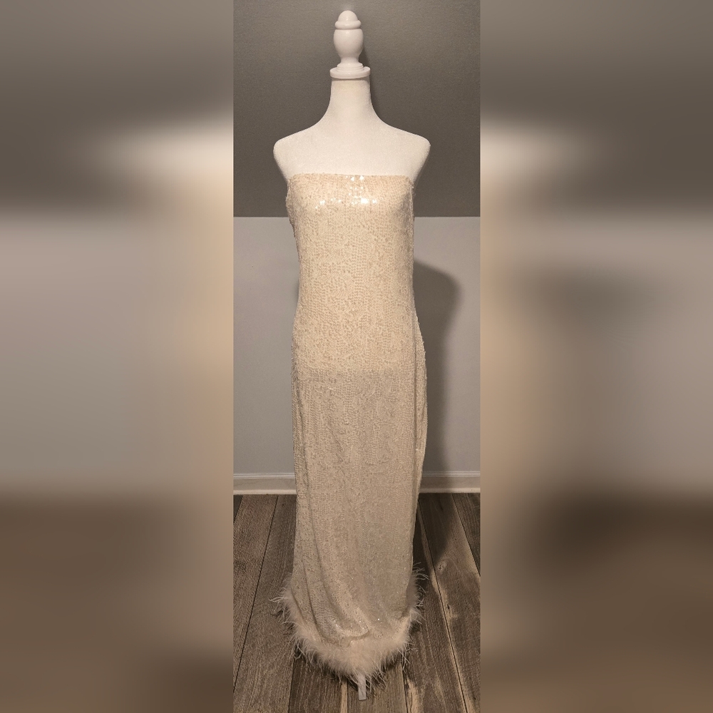 PrettyLittleThing Cream Strapless Dress with Feather Detail